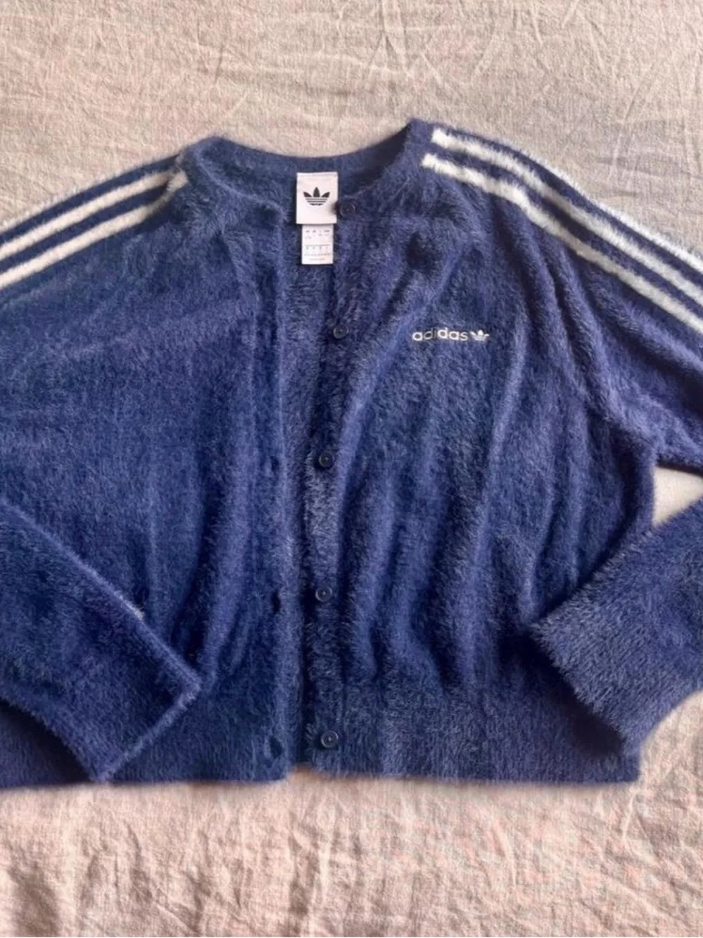 adidas Navy Fuzzy Button Cardigan with White Stripe Details